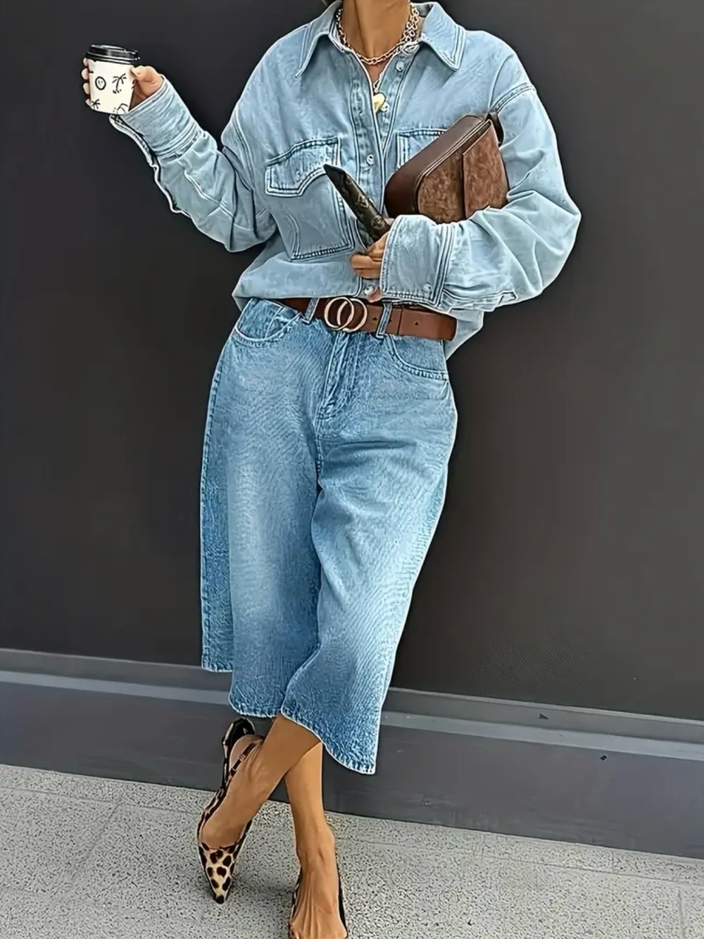 Women's Light Blue Wide-Leg Denim BERMUDAS/SHORTS Size XL